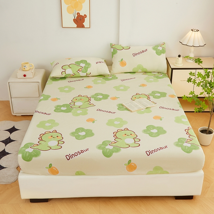 91家纺网 家纺一手货源 找家纺 首爱家纺 2025新款锦柔老粗布印花床笠 恐龙宝贝