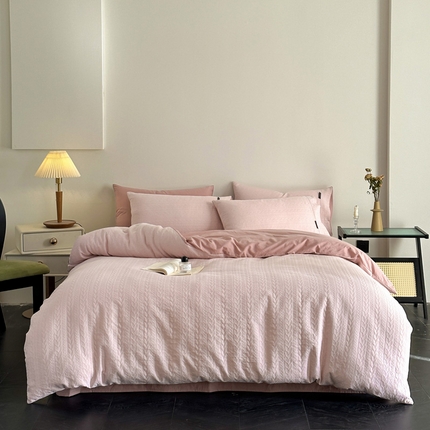 卡巴伦家纺 2025全棉A类空气层三层纱提花四件套 幸福-藕粉