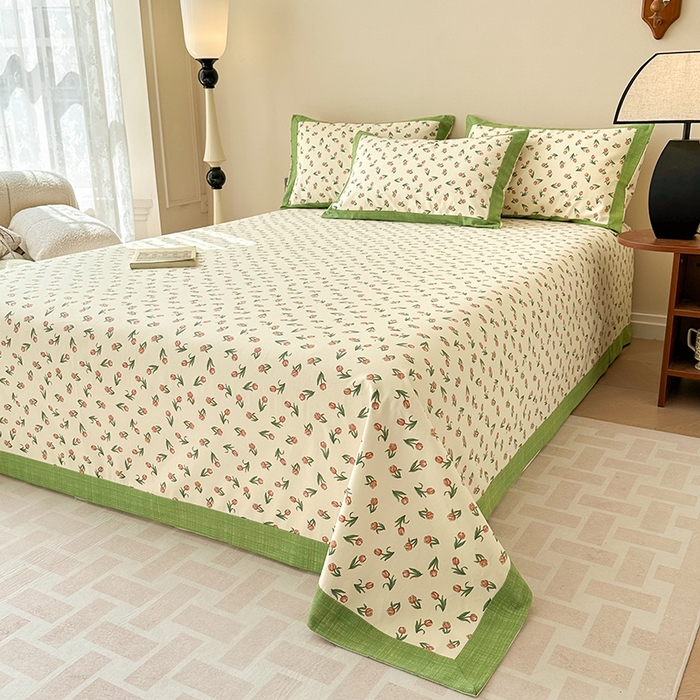 91家纺网 家纺一手货源 找家纺 蓝邻家纺 2025新款100%新疆原棉粗布小清新拼角工艺款系列单床单 花朝