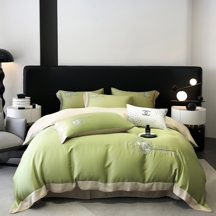 91家纺网 家纺一手货源 找家纺 博纳家纺 2025新款莱赛尔天丝刺绣花四件套--甜馨系列 茶绿