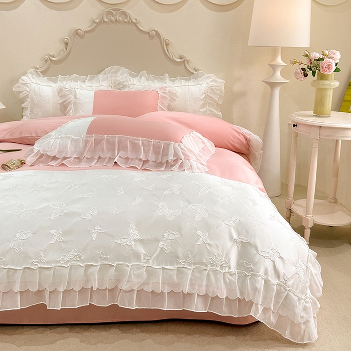 91家纺网 家纺一手货源 找家纺 艾米家居 2025新款韩版双层花边轻奢浮雕系列水洗冰丝四件套 豆沙花边