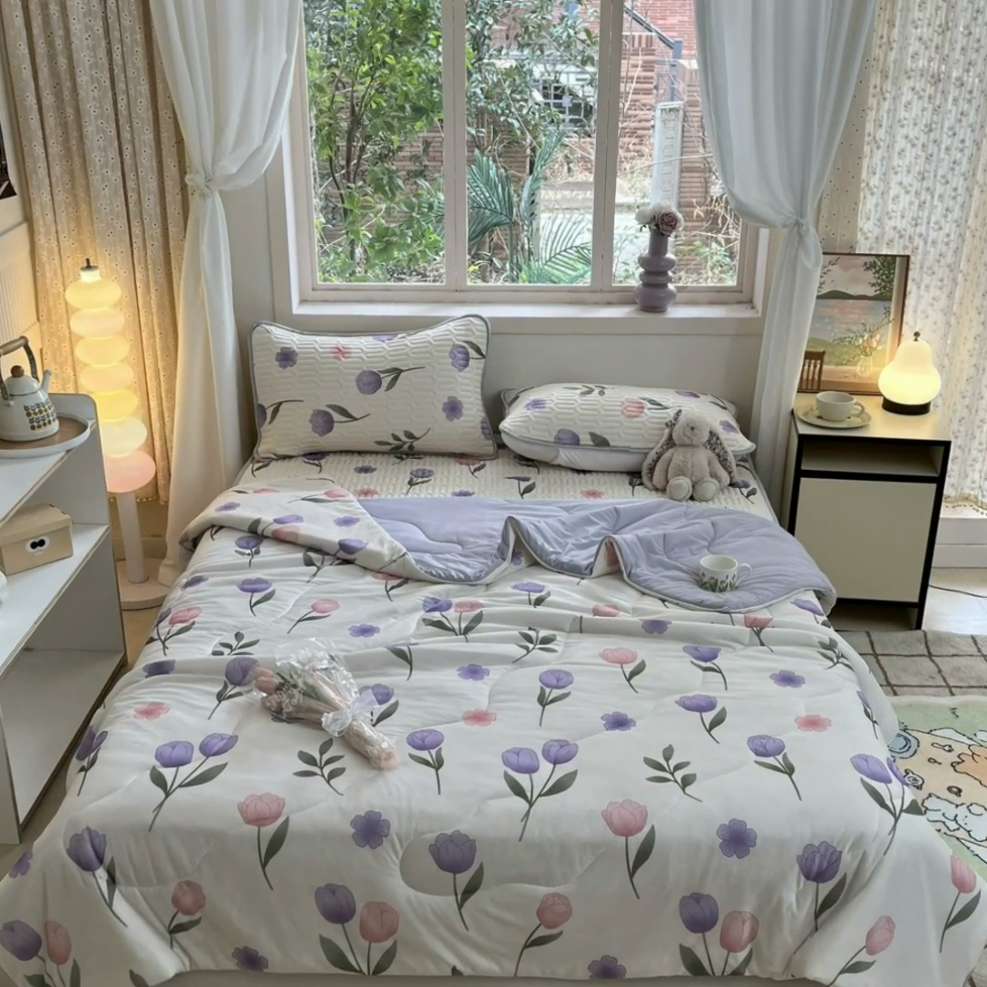 91家纺网 家纺一手货源 找家纺 维洋家纺 2025（专版花型）A类凉感丝夏被 凉感夏凉被双面加倍透气（四周踩棉） 郁金香