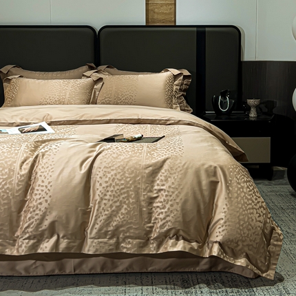 金昱纺 2025新款50双股100支长绒棉贡缎提花高定四件套 欧瑞格-奶茶色