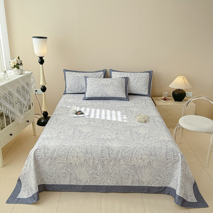 91家纺网 家纺一手货源 找家纺 蓝邻家纺 2025新款100%新疆原棉粗布小清新拼角工艺款系列单床单 雨藤-灰