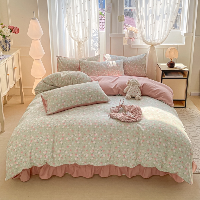 91家纺网 家纺一手货源 找家纺 仟网汇 2025新款针织双层纱床盖四件套 海盐薄荷