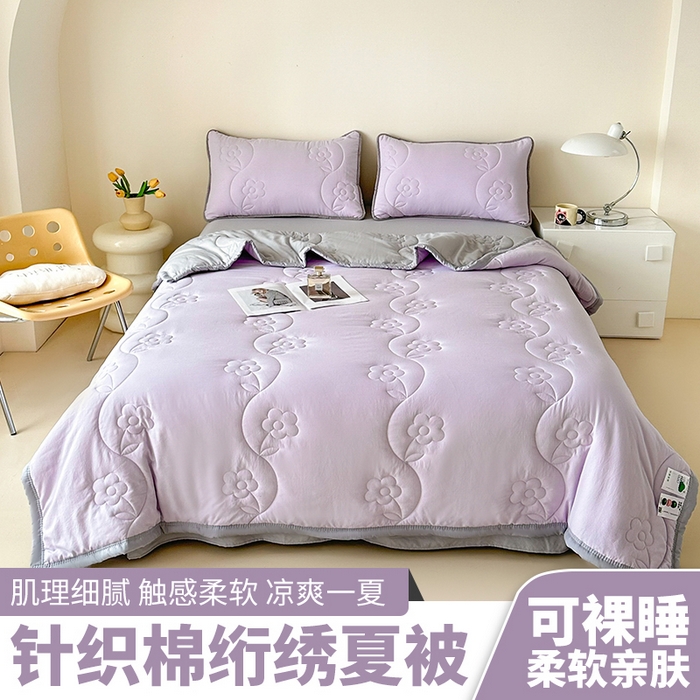 91家纺网 家纺一手货源 找家纺 芙绣家纺 2025新款针织棉绗缝夏被-莫奈花园 莫奈花园-浅紫