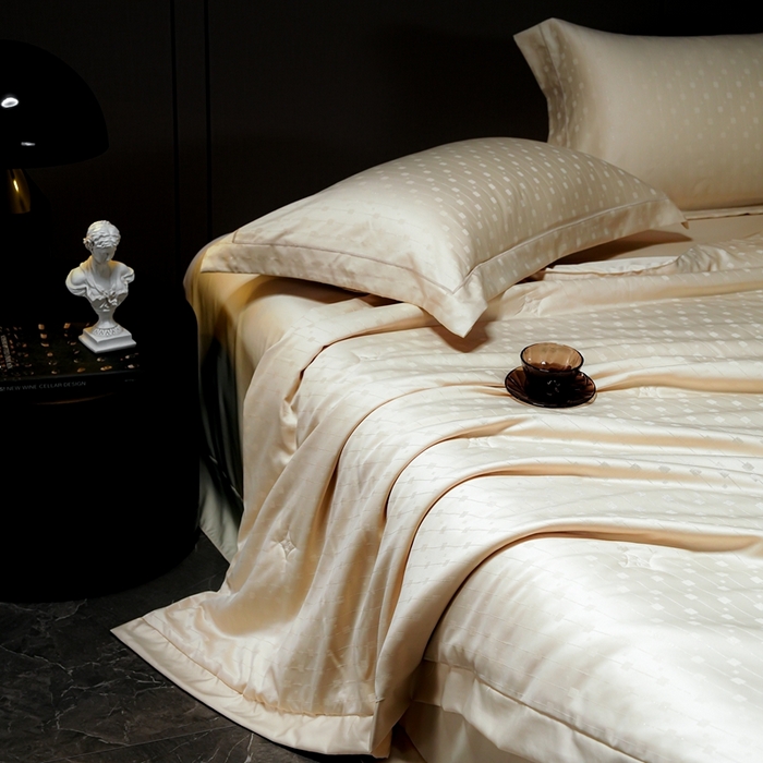 91家纺网 家纺一手货源 找家纺 2025新款格利亚天丝提花夏被四件套 格子-黄