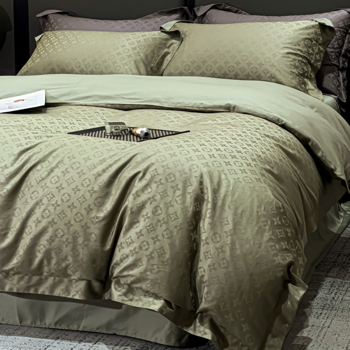 91家纺网 家纺一手货源 找家纺 金昱纺 2025新款50双股100支长绒棉贡缎提花高定四件套 LV-千草绿