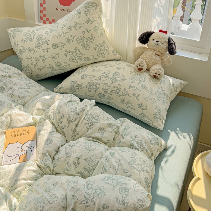 91家纺网 家纺一手货源 找家纺 暖芯优选 2025新款加厚云感棉双层纱四件套小碎花被套床单床笠款学生三件套新款直播热款 海像森林