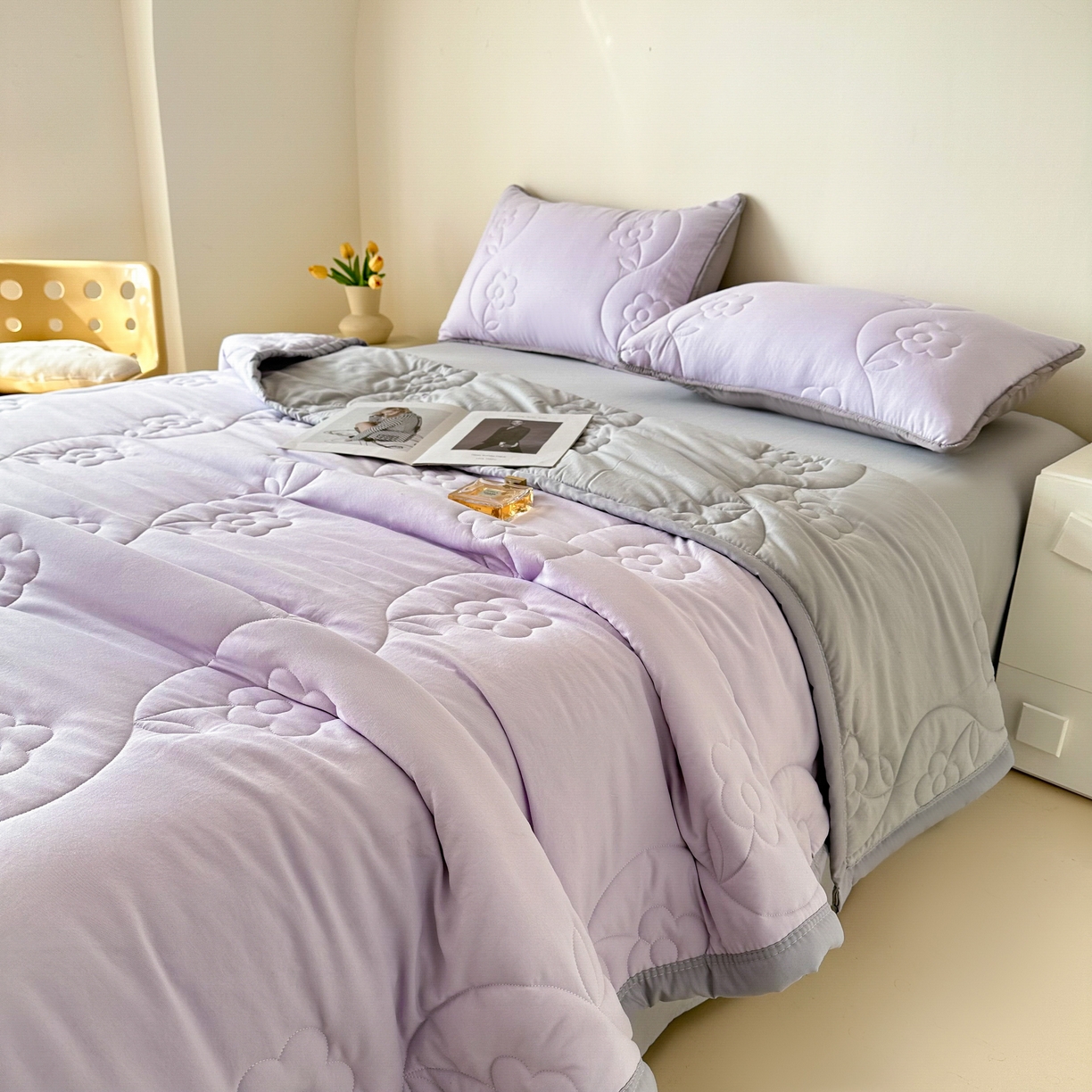 91家纺网 家纺一手货源 找家纺 芙绣家纺 2025新款针织棉绗缝夏被-莫奈花园 莫奈花园-浅紫