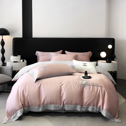 91家纺网 家纺一手货源 找家纺 博纳家纺 2025新款莱赛尔天丝刺绣花四件套--甜馨系列 香妃粉