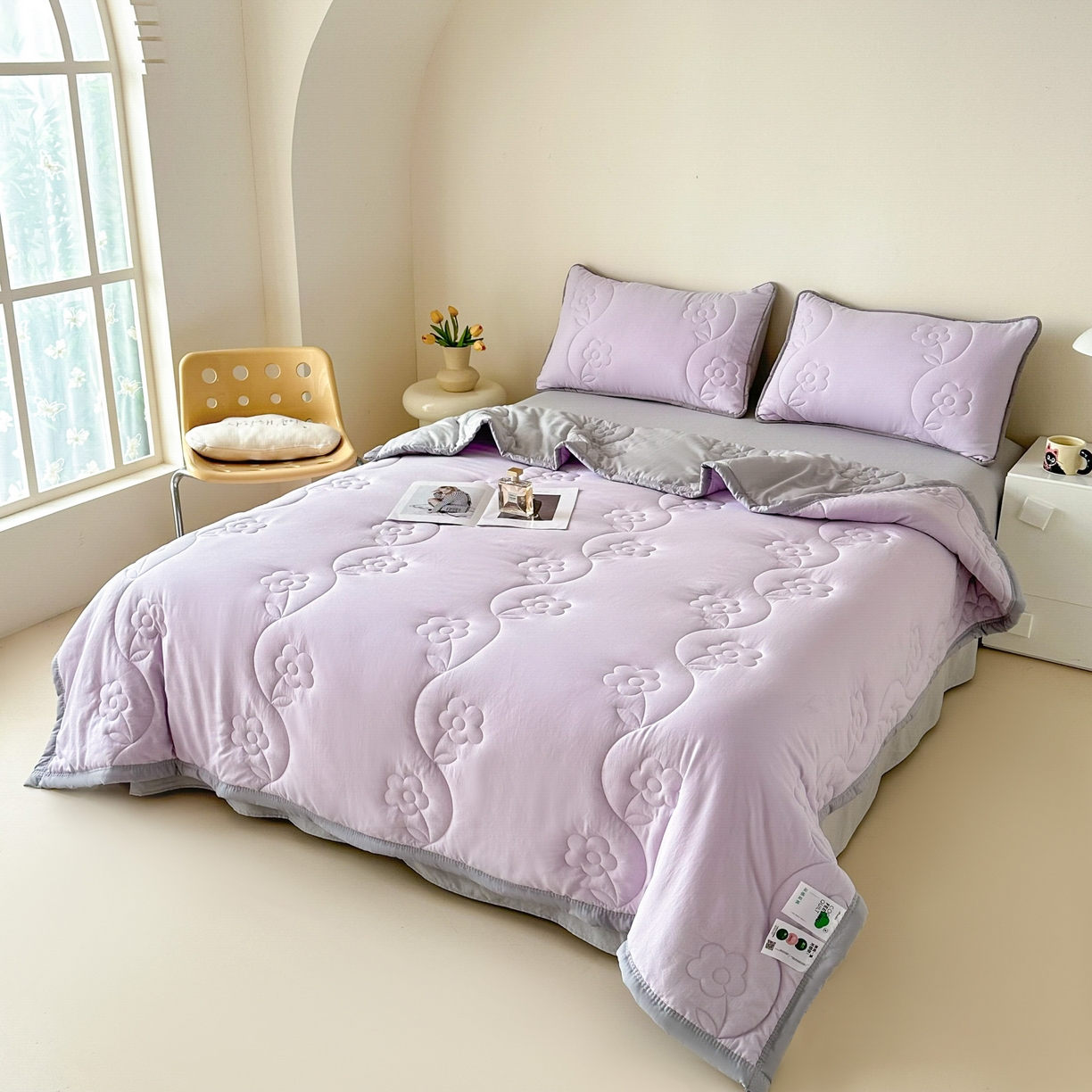 91家纺网 家纺一手货源 找家纺 芙绣家纺 2025新款针织棉绗缝夏被-莫奈花园 莫奈花园-浅紫
