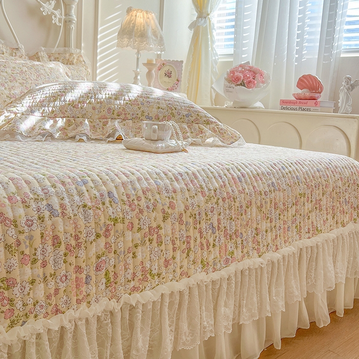 91家纺网 家纺一手货源 找家纺 麒豆豆 2025新款全棉印花双层纱床盖 悠若花园