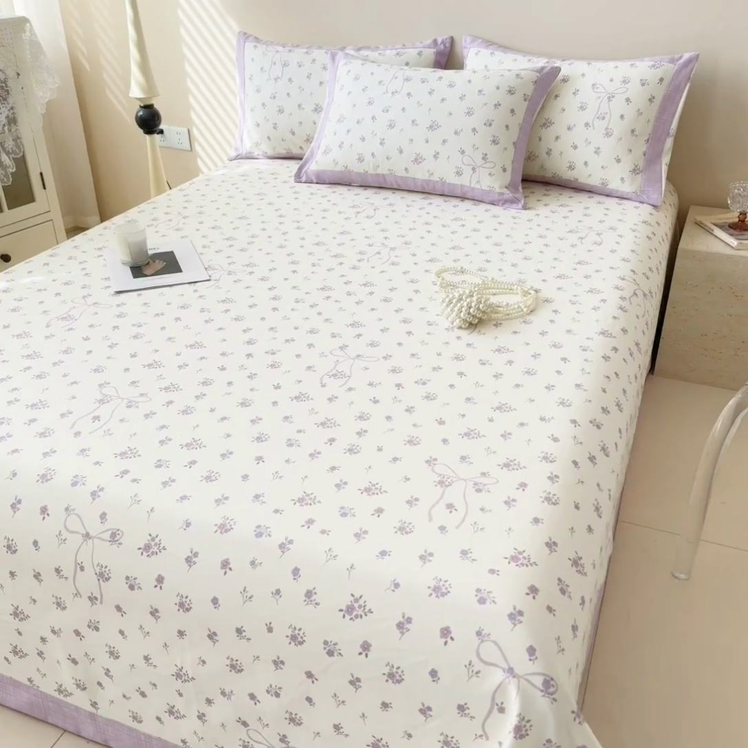 91家纺网 家纺一手货源 找家纺 蓝邻家纺 2025新款100%新疆原棉粗布小清新拼角工艺款系列单床单 紫茉