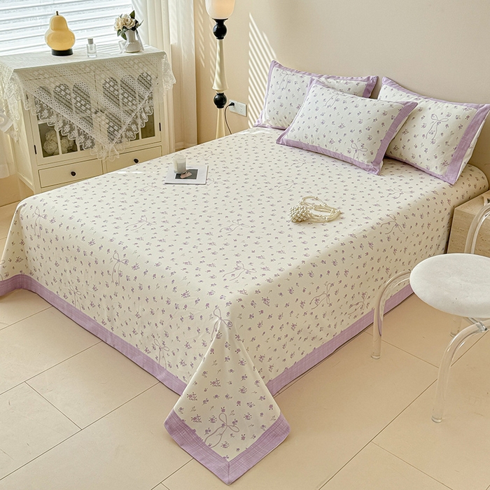 91家纺网 家纺一手货源 找家纺 蓝邻家纺 2025新款100%新疆原棉粗布小清新拼角工艺款系列单床单 紫茉