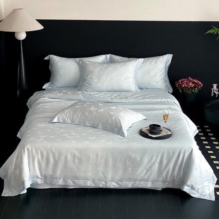 云栖家居 2025天丝棉提花四件套 晨光蝶影-蓝