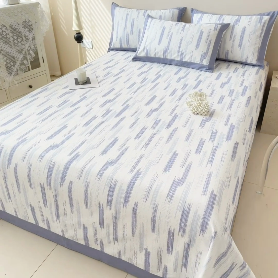 91家纺网 家纺一手货源 找家纺 蓝邻家纺 2025新款100%新疆原棉粗布小清新拼角工艺款系列单床单 辰浠-蓝