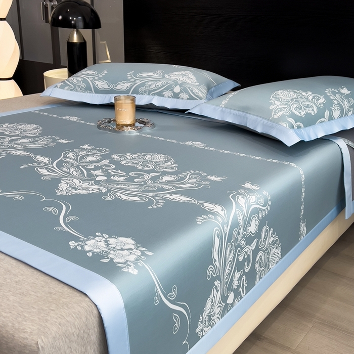 91家纺网 家纺一手货源 找家纺 卡初家居（原微来） 2025夏季凉感提花席 晓春烂漫-幽蓝