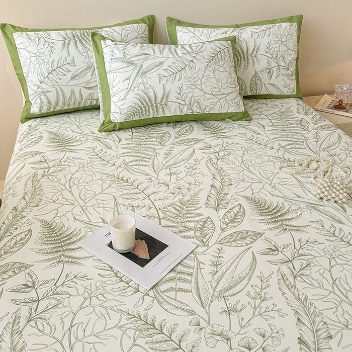 91家纺网 家纺一手货源 找家纺 蓝邻家纺 2025新款100%新疆原棉粗布小清新拼角工艺款系列单床单 雨棠-绿