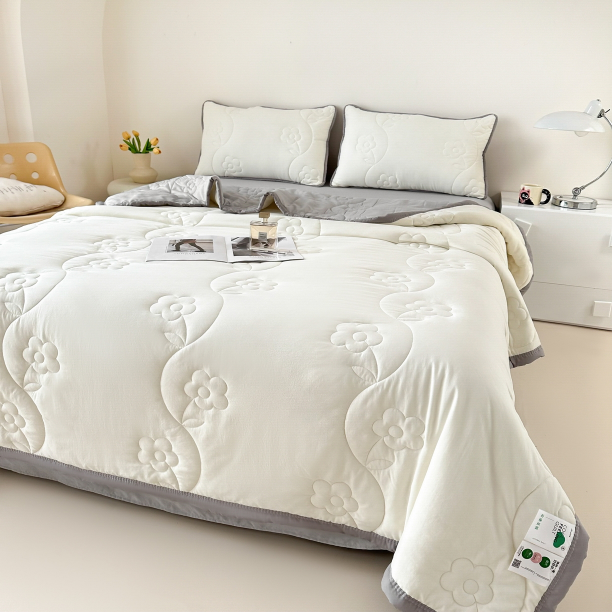 91家纺网 家纺一手货源 找家纺 芙绣家纺 2025新款针织棉绗缝夏被-莫奈花园 莫奈花园-奶白