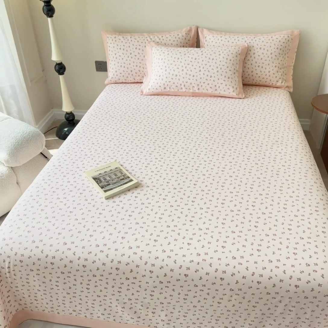 91家纺网 家纺一手货源 找家纺 蓝邻家纺 2025新款100%新疆原棉粗布小清新拼角工艺款系列单床单 粉黛