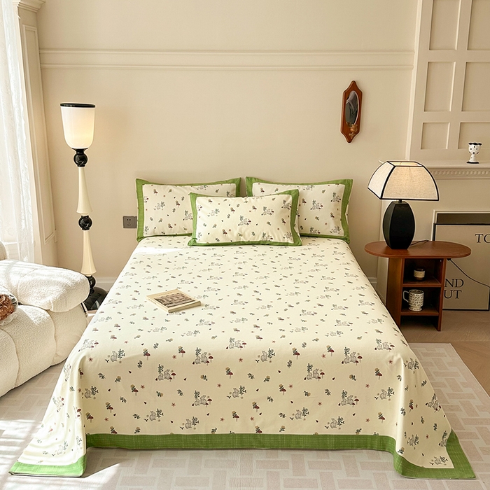 91家纺网 家纺一手货源 找家纺 蓝邻家纺 2025新款100%新疆原棉粗布小清新拼角工艺款系列单床单 花枝兔