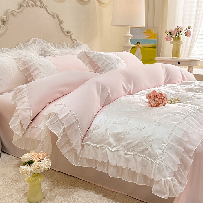 91家纺网 家纺一手货源 找家纺 （总）艾米家居 2025新款韩版双层花边轻奢浮雕系列水洗冰丝四件套