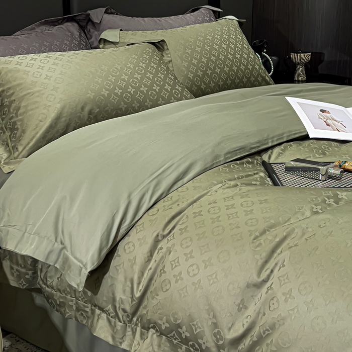 91家纺网 家纺一手货源 找家纺 金昱纺 2025新款50双股100支长绒棉贡缎提花高定四件套 LV-千草绿