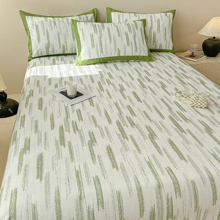 91家纺网 家纺一手货源 找家纺 蓝邻家纺 2025新款100%新疆原棉粗布小清新拼角工艺款系列单床单 辰浠-绿