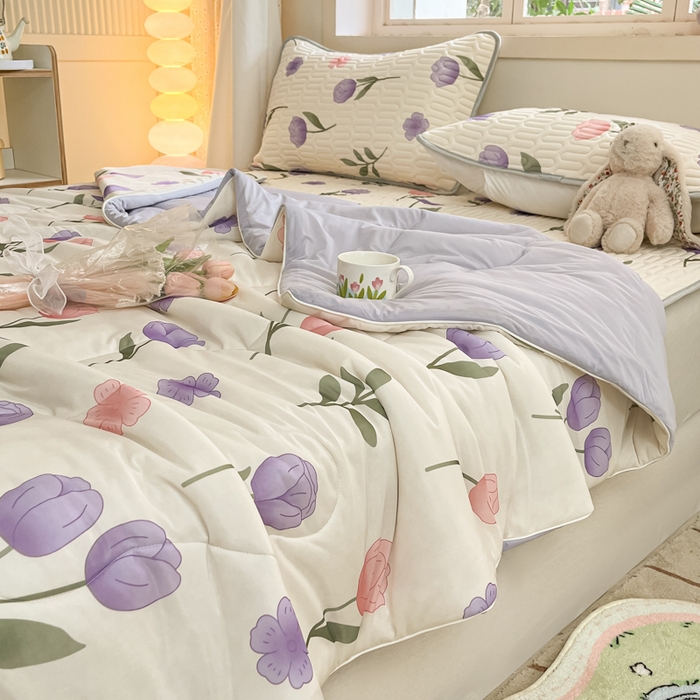 91家纺网 家纺一手货源 找家纺 维洋家纺 2025（专版花型）A类凉感丝夏被 凉感夏凉被双面加倍透气（四周踩棉） 郁金香