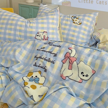 91家纺网 家纺一手货源 找家纺 （总）乐童家纺 2025新款13370纯棉毛巾绣呆萌系列四件套-系列一