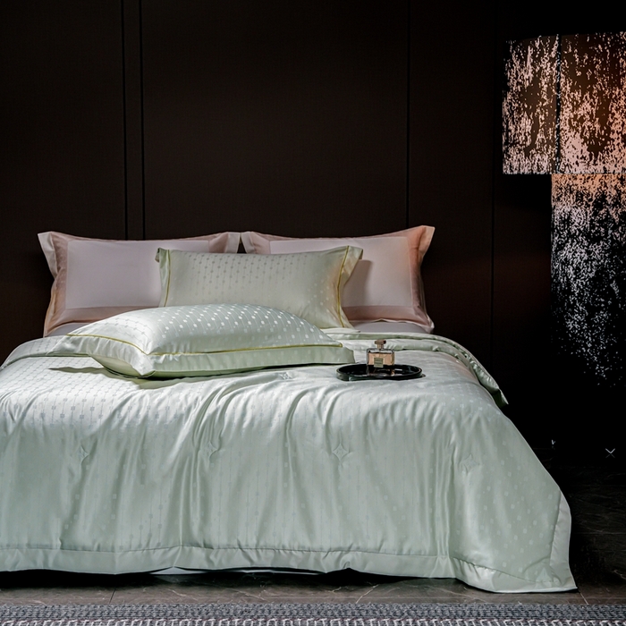 91家纺网 家纺一手货源 找家纺 2025新款格利亚天丝提花夏被四件套 格子-绿