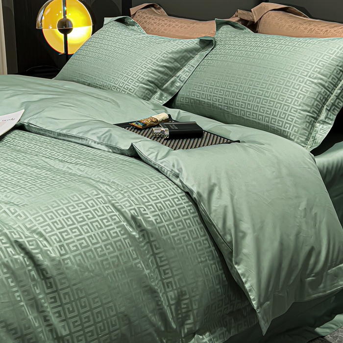 91家纺网 家纺一手货源 找家纺 金昱纺 2025新款50双股100支长绒棉贡缎提花高定四件套 纪梵希-绿