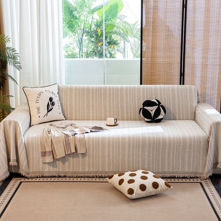 沐沐家纺 2026新款色织印花沙发巾 沐熙米黄