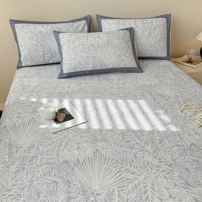 91家纺网 家纺一手货源 找家纺 蓝邻家纺 2025新款100%新疆原棉粗布小清新拼角工艺款系列单床单 雨藤-灰