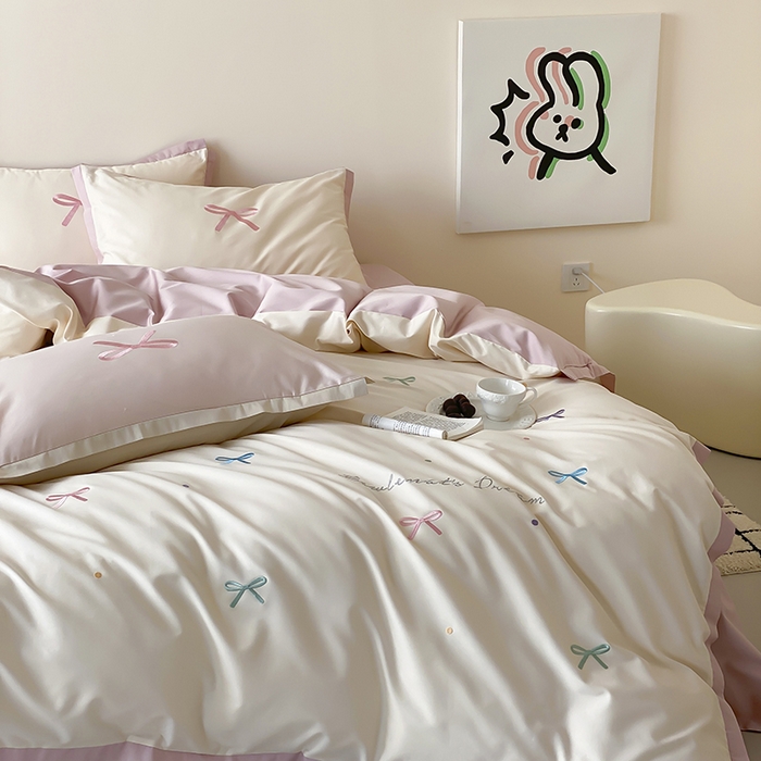 91家纺网 家纺一手货源 找家纺 时亿家居 2025新款100支长绒棉小清新四件套-梦幻蝴蝶结 梦幻蝴蝶结-奶油慕斯