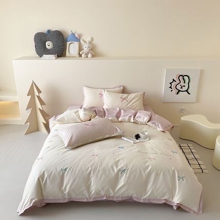 91家纺网 家纺一手货源 找家纺 时亿家居 2025新款100支长绒棉小清新四件套-梦幻蝴蝶结 梦幻蝴蝶结-奶油慕斯