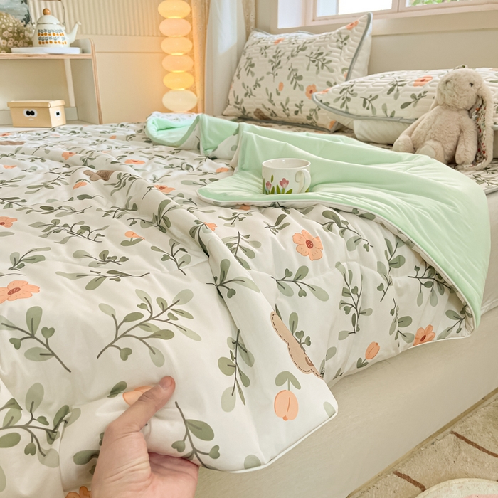 91家纺网 家纺一手货源 找家纺 维洋家纺 2025（专版花型）A类凉感丝夏被 凉感夏凉被双面加倍透气（四周踩棉） 青柠