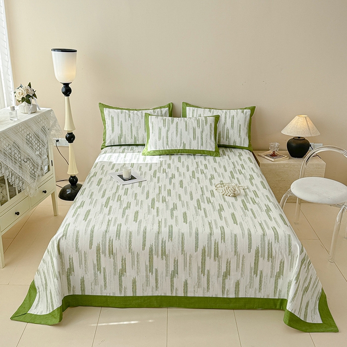 91家纺网 家纺一手货源 找家纺 蓝邻家纺 2025新款100%新疆原棉粗布小清新拼角工艺款系列单床单 辰浠-绿