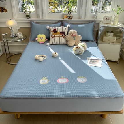 卡初家居（原微来） 2026 夏季乙纶冰豆豆华夫格席  绣花 奶冻喵-湖蓝