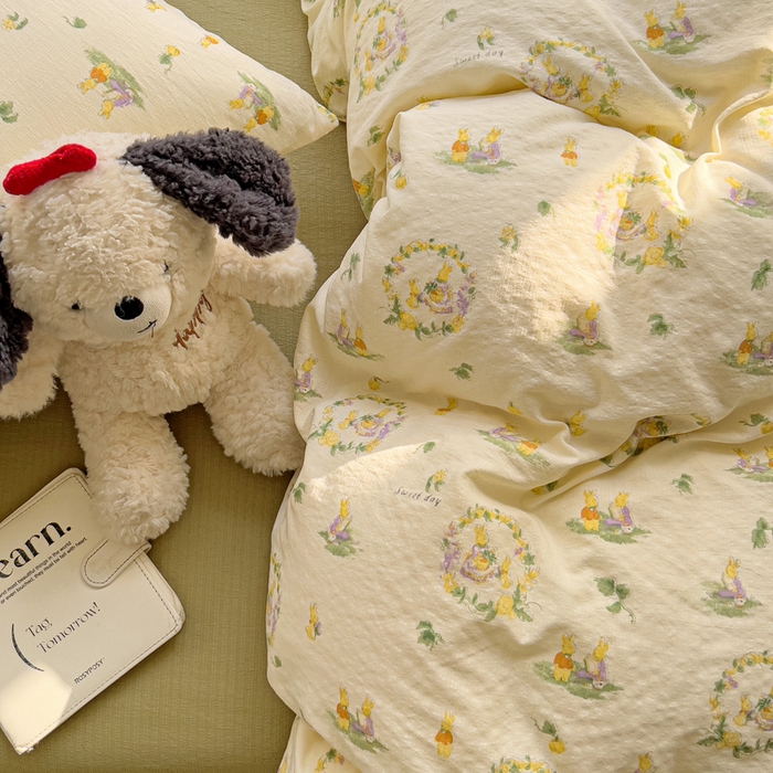 91家纺网 家纺一手货源 找家纺 暖芯优选 2025新款加厚云感棉双层纱四件套小碎花被套床单床笠款学生三件套新款直播热款 兔子的欢喜