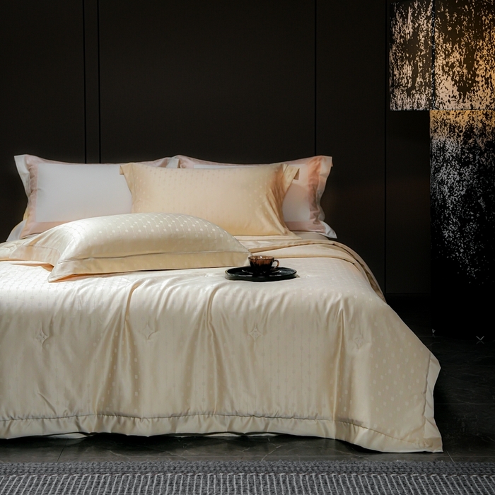 91家纺网 家纺一手货源 找家纺 2025新款格利亚天丝提花夏被四件套 格子-黄