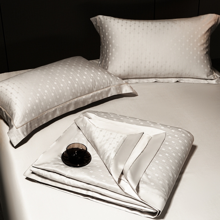 91家纺网 家纺一手货源 找家纺 2025新款格利亚天丝提花夏被四件套 格子-米灰