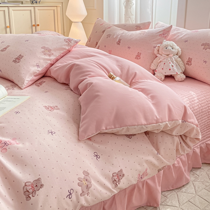 91家纺网 家纺一手货源 找家纺 仟网汇 2025新款针织双层纱床盖四件套 萌萌熊