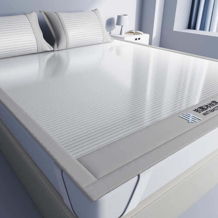 91家纺网 家纺一手货源 找家纺 2025新款抗菌凉席可折叠空调席条纹三明治冰丝席防滑床笠款 抗菌冰凉席-凉茶灰（床席）