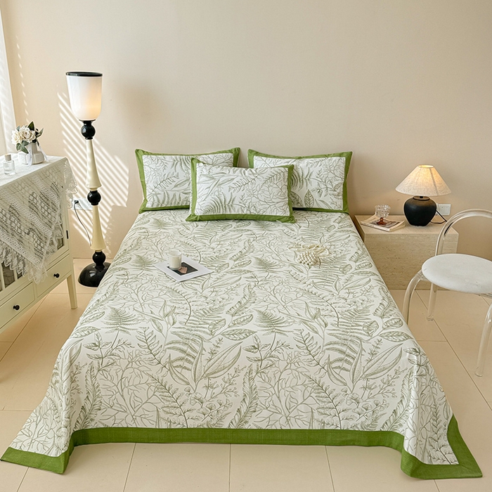 91家纺网 家纺一手货源 找家纺 蓝邻家纺 2025新款100%新疆原棉粗布小清新拼角工艺款系列单床单 雨棠-绿