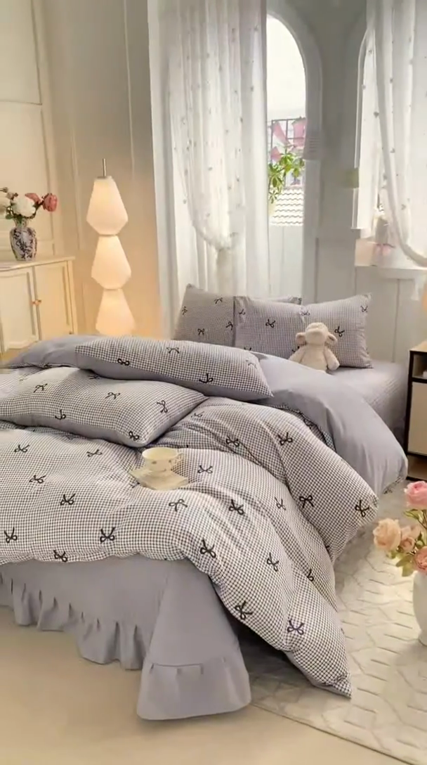 91家纺网 家纺一手货源 找家纺 仟网汇 2025新款针织双层纱床盖四件套 格韵