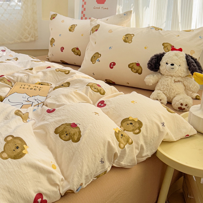 91家纺网 家纺一手货源 找家纺 暖芯优选 2025新款加厚云感棉双层纱四件套小碎花被套床单床笠款学生三件套新款直播热款 奇妙小熊-米