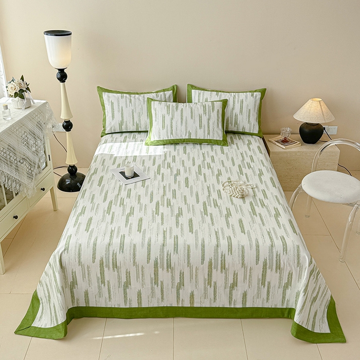 91家纺网 家纺一手货源 找家纺 蓝邻家纺 2025新款100%新疆原棉粗布小清新拼角工艺款系列单床单 辰浠-绿