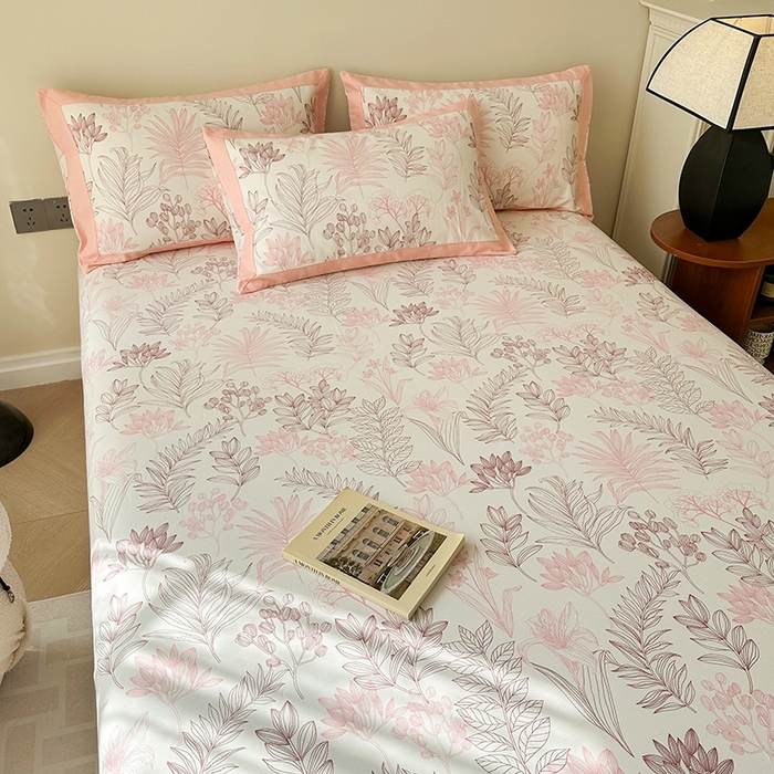 91家纺网 家纺一手货源 找家纺 蓝邻家纺 2025新款100%新疆原棉粗布小清新拼角工艺款系列单床单 繁花-粉